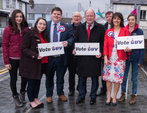 South Antrim Assembly Candidate Richard Cairns, pictured with his wife Clare, Party Leader Jim Allister and supporters. 